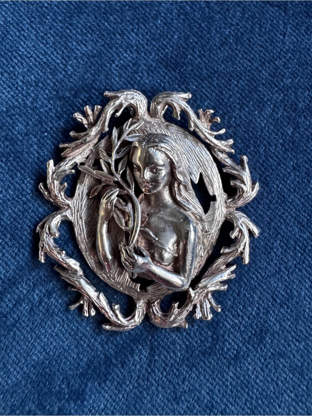 Antique Art Nouveau Sterling Silver Maiden Pendant Ornate Floral Frame